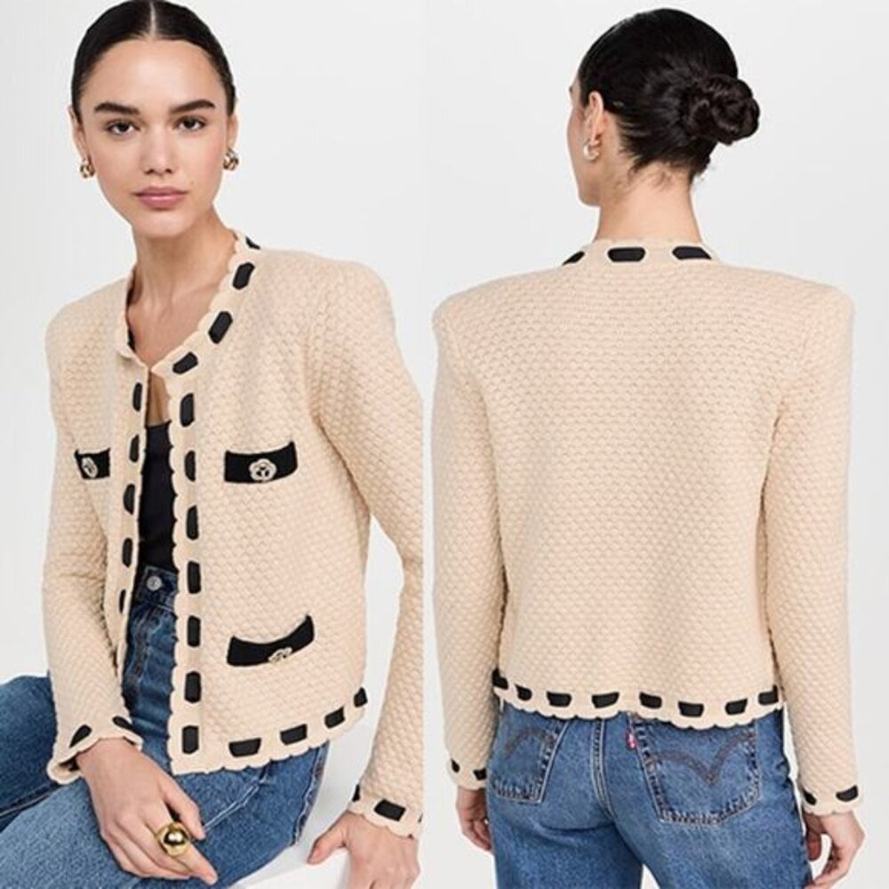NWT L'Agence Astor Contrast Trim Long Sleeves Cardigan Biscuit Size: Large